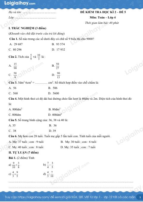 Đề số 5 - Đề kiểm tra học kì 2 (Đề thi học kì 2) - Toán lớp 4